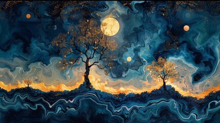 Canvas Print - painting of trees, psychedelic patterns and swirling colors