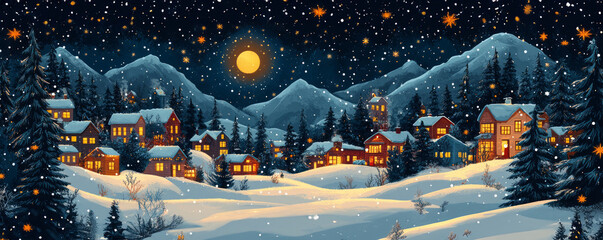 Wall Mural - A serene winter village scene under a starlit sky, showcasing illuminated houses surrounded by snow-covered mountains.