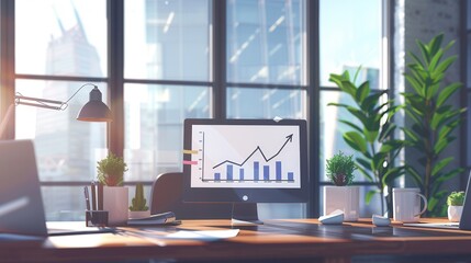 Leinwandbilder - A sleek office features large windows illuminating a workspace with a computer displaying rising data trends and greenery in the background. Generative AI