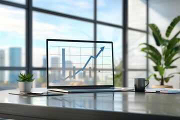 Leinwandbilder - A bright office features a laptop displaying a rising graph, surrounded by greenery, emphasizing productivity and financial growth. Generative AI