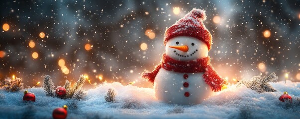 charming snowman in a winter wonderland, adorned with a bright scarf, capturing the festive spirit o