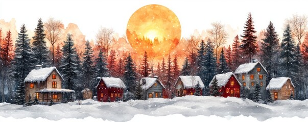 Canvas Print - Charming winter village with snow-covered roofs, evergreen trees, and a large, glowing sun setting on a tranquil horizon.