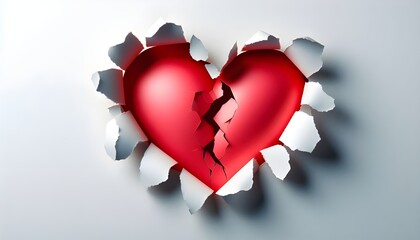 Poster - Heart shaped red hole torn through paper, isolated on white background