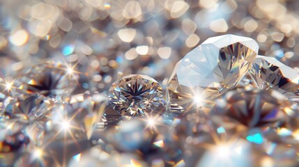 Poster - A collection of sparkling clear diamonds rests on a shiny surface, reflecting light beautifully and creating a mesmerizing visual effect