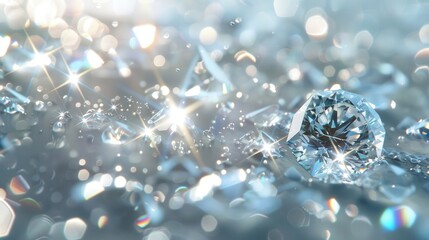 Poster - A brilliant diamond captures light, reflecting sparkling clarity amidst scattered luminous fragments