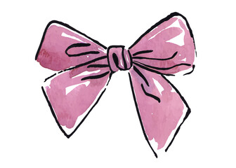 Wall Mural - Pink ribbon bow illustration with black outline. Watercolor style isolated on white background. Decorative design for greeting cards and invitations.