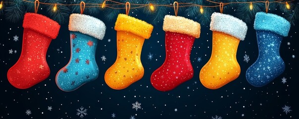 Wall Mural - Colorful Christmas stockings hanging against a dark winter backdrop, adding festive cheer to the holiday season.