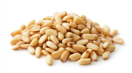 Wall Mural - pile of peeled pine nuts on a white background 