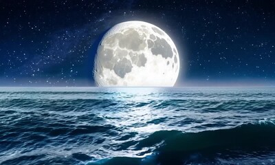 Wall Mural - A moonlit night over the ocean with a giant, glowing full moon casting silver light on the gentle wave