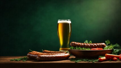 A glass of beer with grilled sausages and fresh herbs on a wooden table