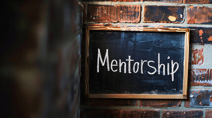 Aufkleber - The word mentorship is displayed in white chalk on a chalkboard hung on a brick wall