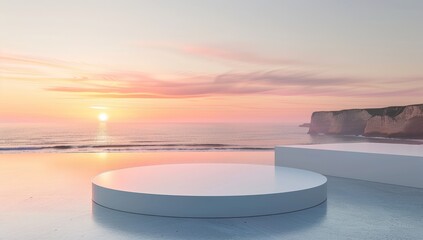 Wall Mural - Minimalist Sunset Seascape with Podium