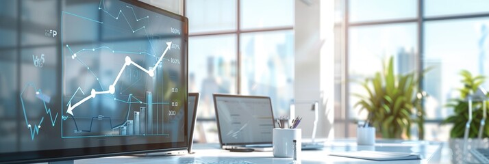 Leinwandbilder - The office space showcases sleek furnishings, large windows allowing sunlight, and displays of digital graphs indicative of active work. Generative AI
