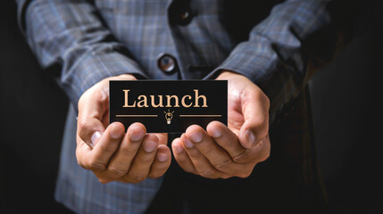Poster - businessman presenting a black card with the inscription launch written on it, symbolizing a new bus