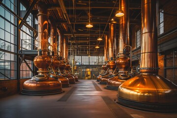 Series of copper stills are producing spirits in this large distillery, showing the industrial side of alcohol production