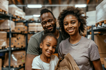 Diverse family volunteers at a food bank, spreading joy and support in their community