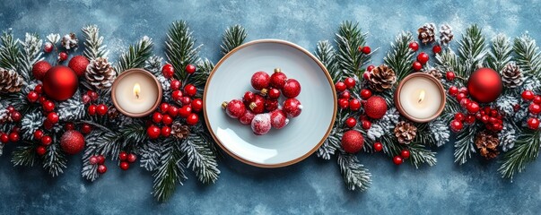 Wall Mural - Festive holiday arrangement featuring a plate, red ornaments, pine branches, and candles on a textured blue background.