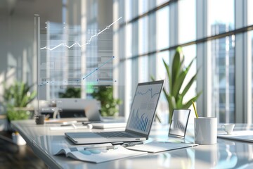 Leinwandbilder - A contemporary office showcases large windows, sleek workstations, and digital graphs, creating an inviting and productive atmosphere. Generative AI