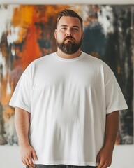 Poster - A male model proudly displays a comfortable white t-shirt in a modern room