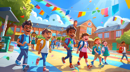 A colorful cartoon illustration of happy school children walking to the first day at their new primary school