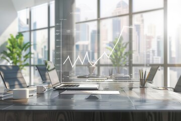 Fototapete - Bright office space features large windows, greenery, and workstations as professionals engage with digital analytics and collaboration tools. Generative AI