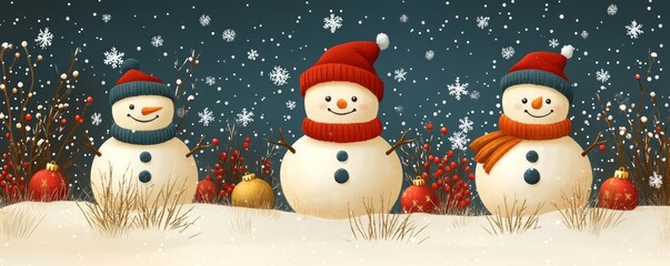 Wall Mural - Whimsical snowmen in colorful hats and scarves, surrounded by a snowy landscape and falling snowflakes, perfect for festive themes.