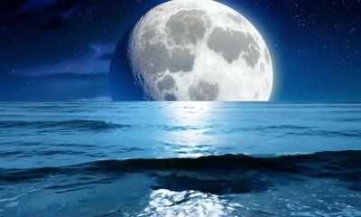 Wall Mural - A moonlit night over the ocean with a giant, glowing full moon casting silver light on the gentle wave