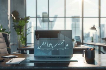 Leinwandbilder - A sleek office showcases a laptop displaying analysis graphs, illuminated by sunlight streaming through large windows, creating a productive atmosphere. Generative AI