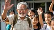 © Sasa Visual - An elderly man smiles and waves at children who are happily greeting him outside their school