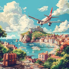 Coastal Cityscape with Airplane Landing