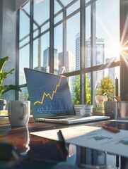 Leinwandbilder - Sunlight floods the contemporary office filled with plants, highlighting a laptop displaying an upward trend graph and a serene workplace atmosphere. Generative AI