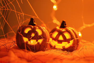 Sticker -  Warmly lit jack-o'-lanterns casting soft glows amidst delicate spider webs, creating a cozy Halloween ambiance.