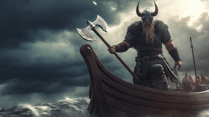 A brave 3D Viking warrior with a horned helmet and a battle axe, standing on the prow of a longship with stormy seas and dark clouds, the mood is fierce and adventurous with a sense of Viking legend,