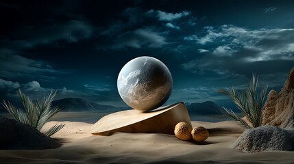 Wall Mural - a gemstone and a cashew seed placed in a surreal, dreamlike landscape
