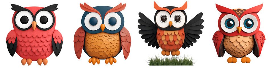 Set of 3D cute happy cartoon owl, isolated on white background,