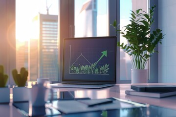Leinwandbilder - A modern office features a laptop showing a growth graph, surrounded by greenery and illuminated by the warm morning sun. Generative AI