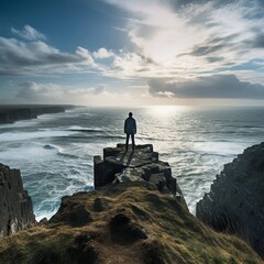 illustration of a person standing on a cliff looking out to sea symb, generative ai