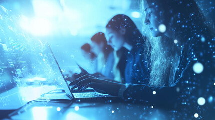 Digital Dream Team: A trio of tech-savvy women collaborate on a project, their laptops glowing with digital data and possibilities, creating a sense of innovation and teamwork.  