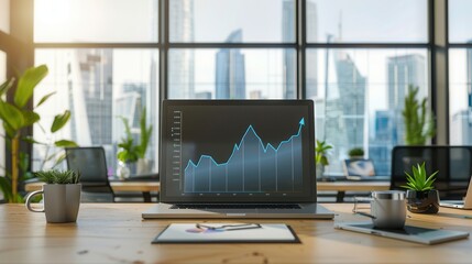 Leinwandbilder - A bright office features a laptop displaying a growth chart, surrounded by plants, with city skyline view through large windows. Generative AI