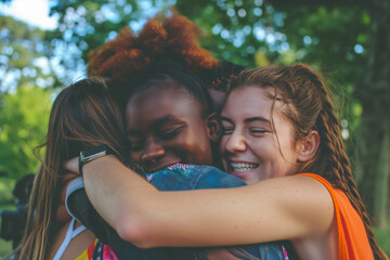 Wall Mural - Group of four young women are hugging each other in a park, smiling and laughing