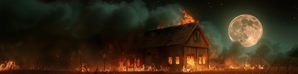 Wall Mural - An eerie scene featuring a lone farmhouse burning at night, with intense flames leaping high into the air and thick smoke obscuring the moon, creating a chilling atmosphere