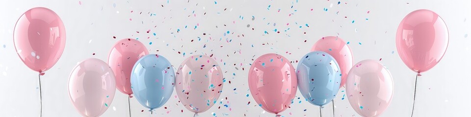 An elegant background with helium balloons in shades of pink and blue, with delicate confetti falling around the sides, ideal for a sophisticated gender reveal backdrop with space for text