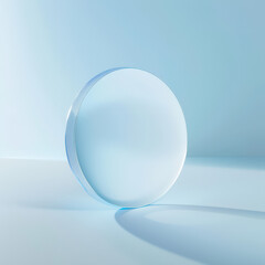 Poster - Minimalist still life of a round glass shape casting shadow on pastel blue background