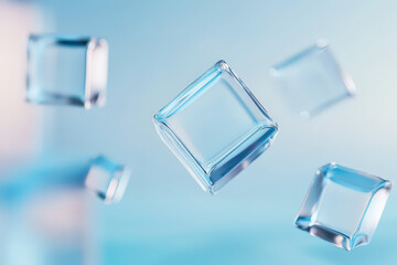 Poster - Abstract transparent crystal cubes floating on a pastel blue background, creating a modern and minimalist aesthetic