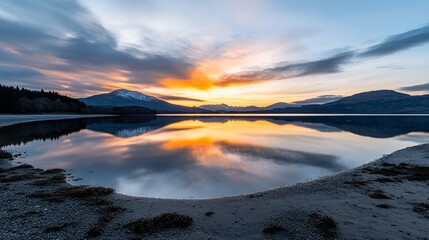 Wall Mural - a tranquil lake reflecting the fiery hues of dusk, with soft clouds framing the copy space above