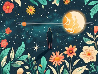 Wall Mural - Planetary orbits accented by flowers, human silhouette, leaves, and a passing meteor, flat design illustration