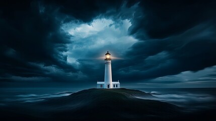 Wall Mural - A lone lighthouse standing tall against a stormy dusk sky, with copy space around it