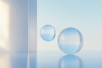 Poster - Modern and minimalist design featuring two transparent glass spheres floating in a blue room, showcasing a sleek glassmorphism effect