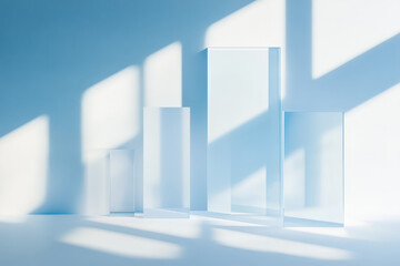 Poster - Minimalist scene featuring sunlight casting geometric shadows from glass rectangles on a blue background