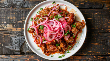 Traditional mexican dish cochinita pibil with slow-roasted pork, achiote paste, and spices, garnished with pickled red onions and fresh cilantro